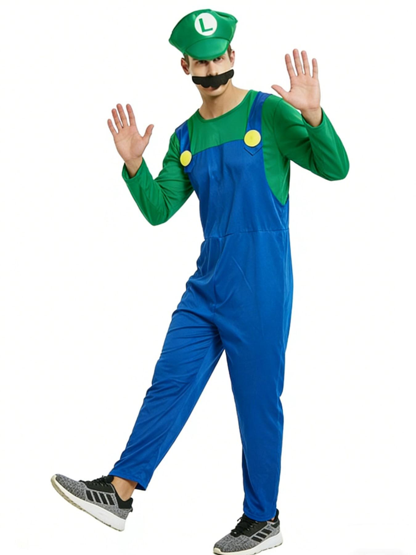 Adult Men's Luigi Game Brothers Dance Costume Set, Halloween Party Onesie Gift, Super Bros Role Play, Long Sleeve Fitted Cartoon Pattern