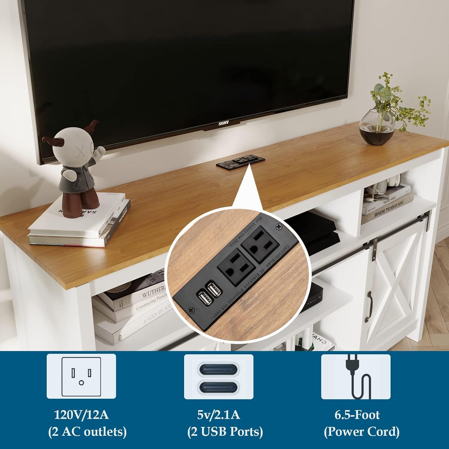 57/70/80.7in Wooden Farmhouse Entertainment Center for 90/85/80/75 inch TV,Double Layer Storage Farmhouse TV Stand,Double-Row Sockets with Wood Sliding Barn Door TV Stand (Brown/grey/white/Rustic Brown)