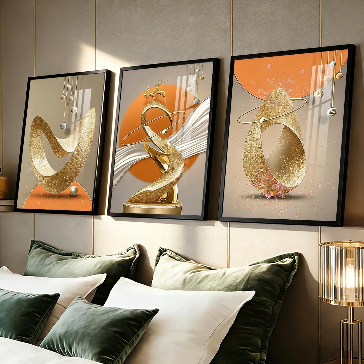 3 Counts Aluminum Alloy Framed Painting, Modern Abstract Golden Sculptural Art Pictures, Home Decoration For Living Room, Bedroom, Office, Restaurant, Hallway Wall Decor, Odorless Print Artwork, Luxury Perfect Gift For Friends And Family