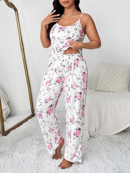 Plus Size Floral Print Robe Set for Women, Fashion Sleepwear, Elegant Comfortable Sleepwear, Sleeveless Top & Long Pants, Spring & Fall Home Wear