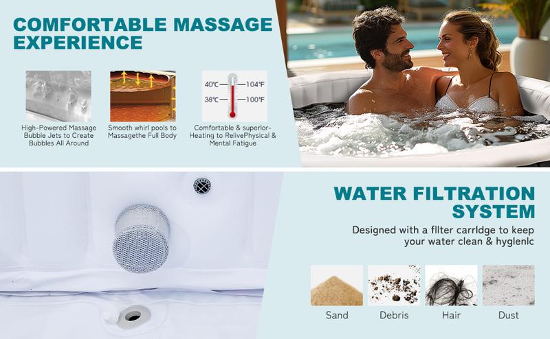 Lilypelle Large Bubble Massage Spa, Inflatable Hot Tub with130 Air Jets, PVC Cover, Pad and Pump, Durable Thick Materia, 4 Person Capacity, 73"x73"x25", Round