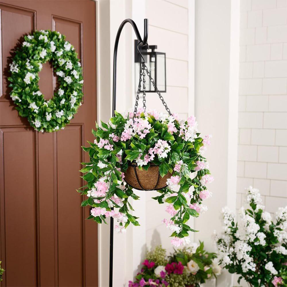 1pcs Artificial Hanging Flower Basket, Outdoor Balcony Garden Sunproof Durable No Maintenance Fake Plant Decorative Planter with Coir Pot
