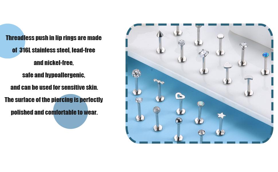 Fansilver 16G Threadless Push-in Lip Ring - Stainless Steel Tragus Helix Earrings Studs Nose Ring for Women Men - Labret Jewelry Monroe CZ Medusa Cartilage Piercing 8mm