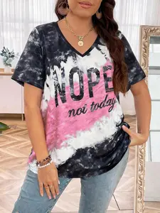 [Plus Size]Women's Tie-Dye V-Neck Short Sleeve T-Shirt, Fun Text Print, Street Style, Streetwear, Loose Fit, All Seasons, Casual Fashion Top
