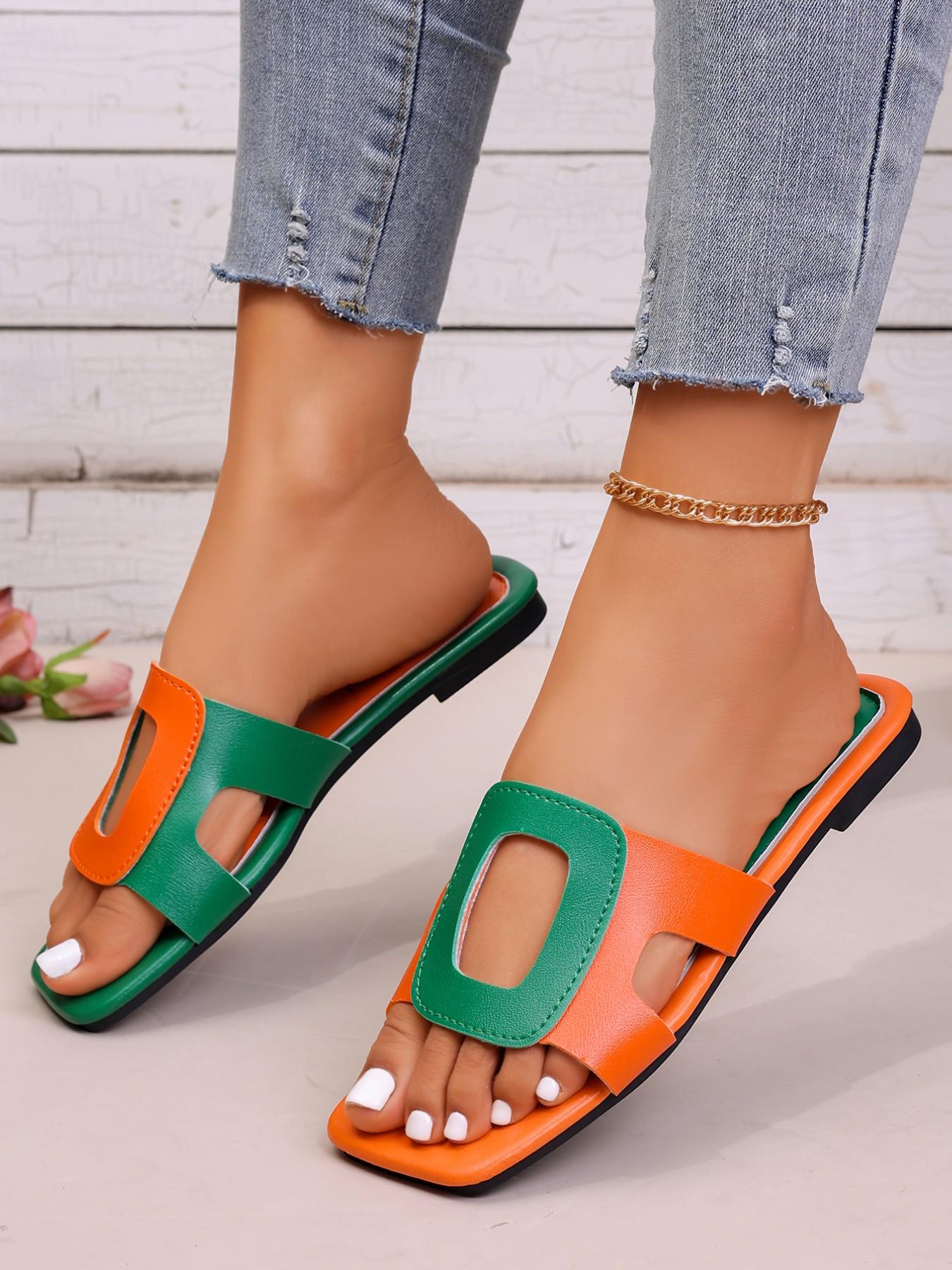 Orange-green contrast square head flat bottom dopamine wind French wind hollow square buckle design ladies sandals vitality orange-green collision dopamine bright square buckle hollow exquisite French romance suitable for holiday dating street shooting.