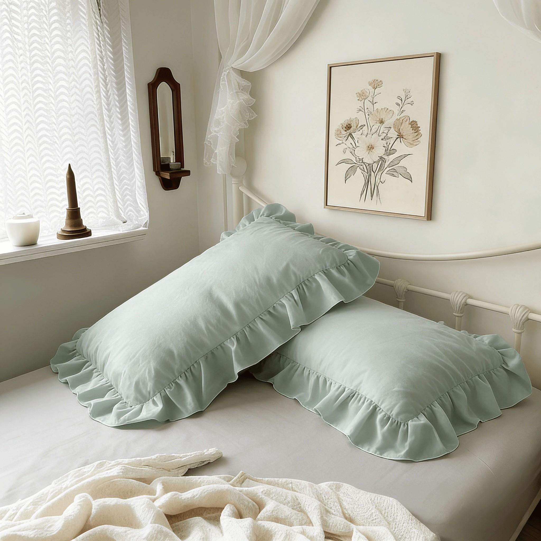 Premium Solid Color Ruffled Pillowcase Set, Soft Breathable, Benefits Hair Skin Sleep, Essential Home Bedding Item