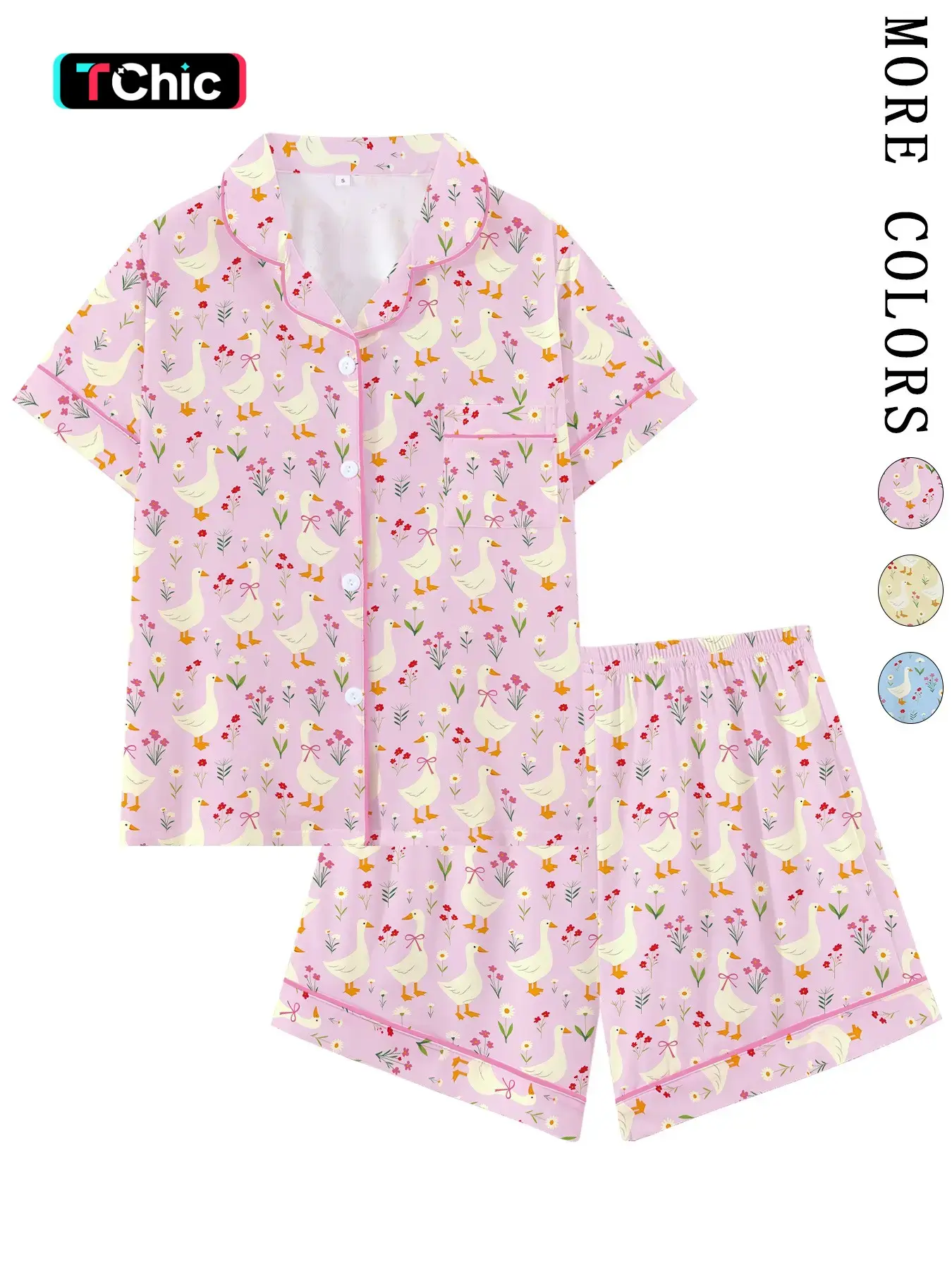 Adorable Goose with Bow Knot Animal Print Pyjamas Set, Pajama Set, Short Sleeve Loose-Fitting Sleepwear, Home Leisure Wear, Comfortable Loungewear for Home and Travel, Perfect Gift