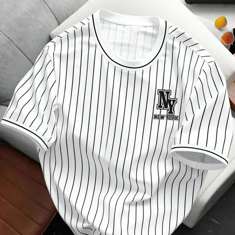 Men's Casual Round-Neck Striped Short-Sleeve T-Shirt, Comfortable Daily Top for Casual and Sports Wear, Casual Fashion Clothing