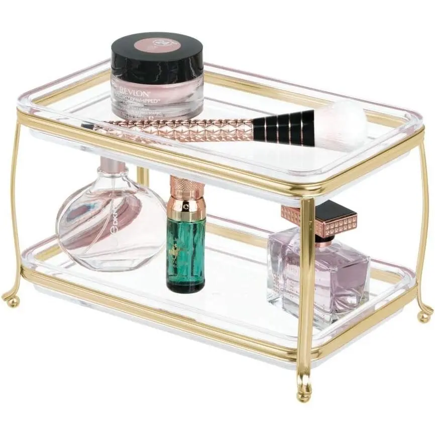 Decorative Makeup Storage Organizer  Tray for Bathroom Counter Tops, 2 Levels to Hold Makeup Brushes, Eyeshadow Palettes, Lipstick, Perfume and  - Soft Brass/Clear