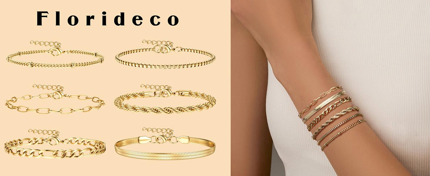 Gold Bracelets for Women Waterproof 14K Gold Plated Bracelet Stack Set Non Tarnish Trendy Thin Dainty Stackable Cuban Link Paperclip Chain Bracelet Pack Fashion Cute Jewelry Set