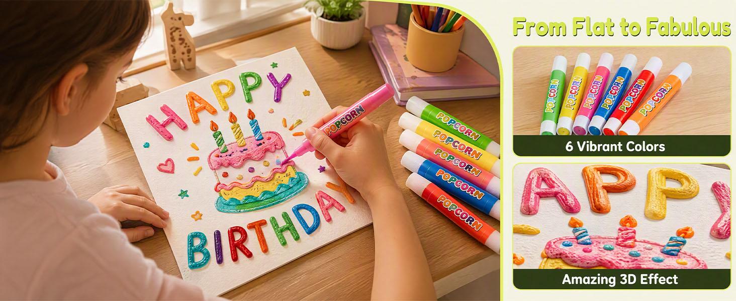 Popcorn Pens, Puffy Popcorn Pens 3d Art, 6 Colors Diy Bubble Popcorn Drawing For Greeting Birthday Cards Kids, 6PCS-1 Box