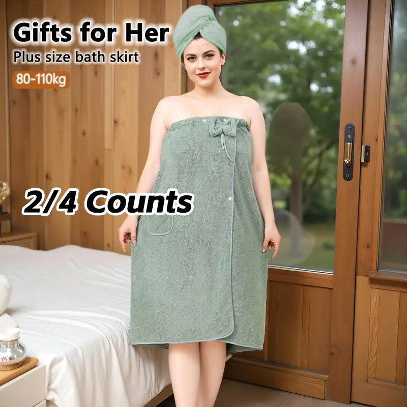 Plus Size Solid Color Bathrobe, 2/4 Counts Soft Water Absorbent Bath Skirt & Hair Drying Cap, Bathroom Supplies for Home Hotel Salon