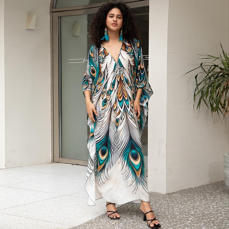 Bsubseach Women's Ethnic Print Kaftan Dress Plus Size All Over Print Sleeve Tunic Dress Boho Casual V Neck 3/4 Sleeve Tunic Dress for Women Mrs Roper Kaftan Bubu Mumu Casual Womenswear Summer Bohemian