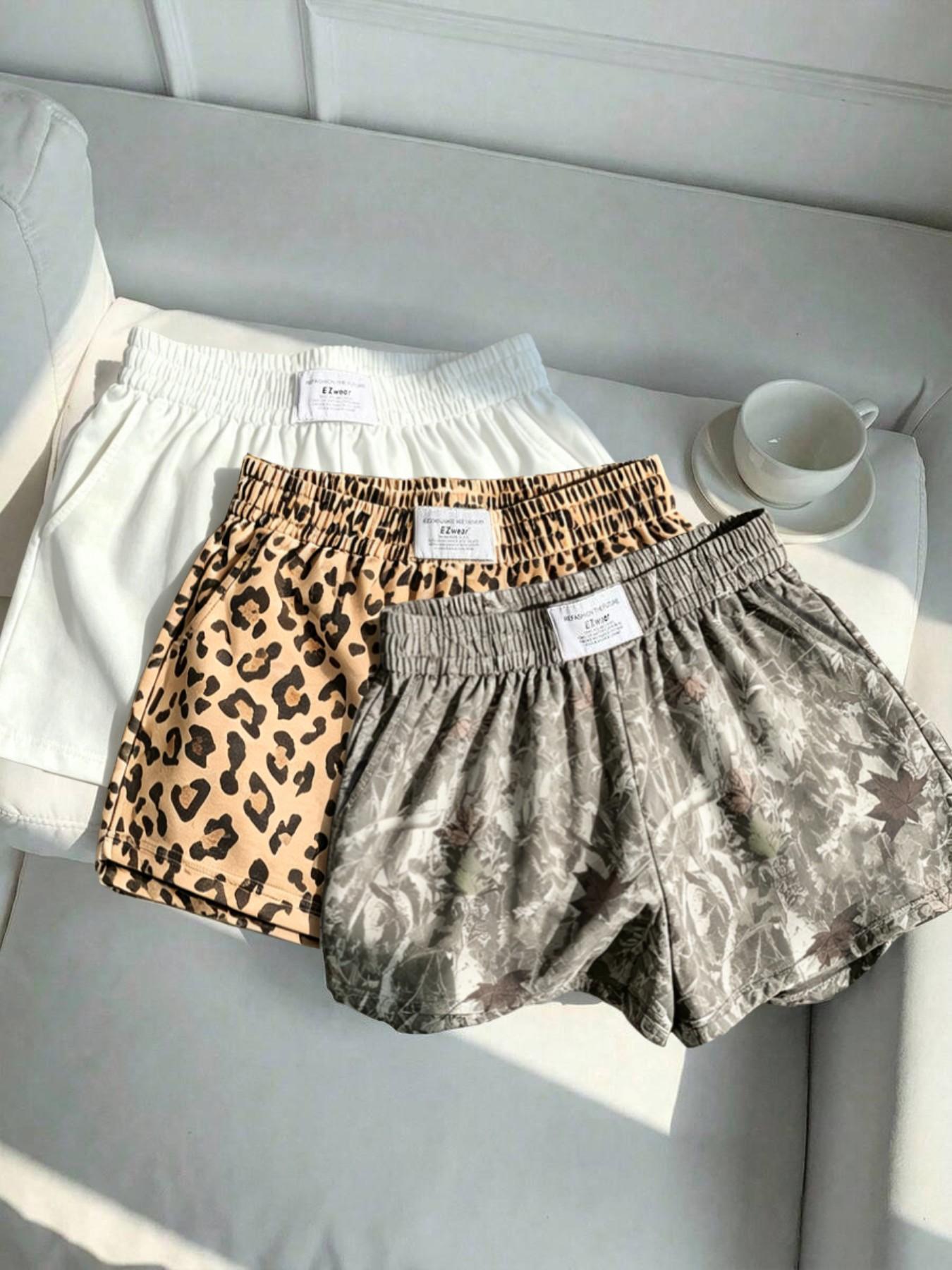 3-Pack Women's Summer Casual, Fashion, Elastic Waistband Shorts: Leopard Print + Solid Color – Comfortable, Loose Fit. Soft fabric, slant pockets, letter tag design. Suitable for daily light exercise, going out, home wear