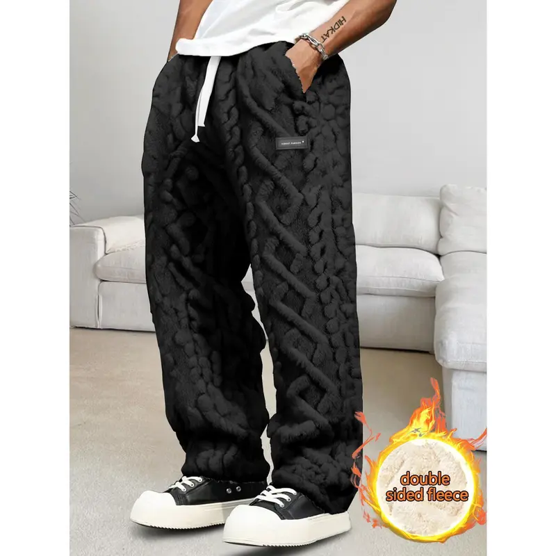 Men’s Wide Leg Fleece Pants with Cable Knit Texture, Warm Cosy Winter Streetwear, Drawstring Waist, Loose Fit for Daily Wear & At-Home Warm Relaxation