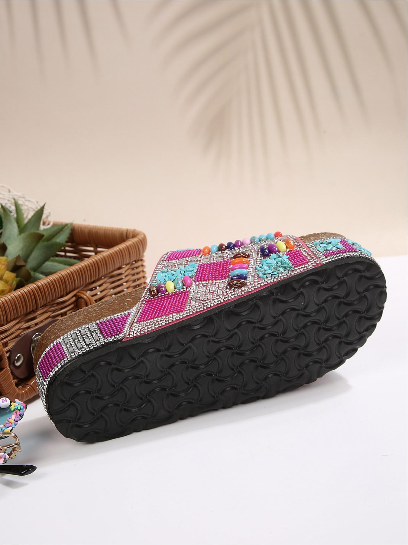 Bohemian Ethnic Style Strappy Metal Buckle Height-Increasing Holiday Beach Shoes, Dopamine Colors Y2K Hot Girl Must-Have Full Rhinestone Thick Sole Slides Women's 2026 New Summer Fashion Thick Sole Sandals