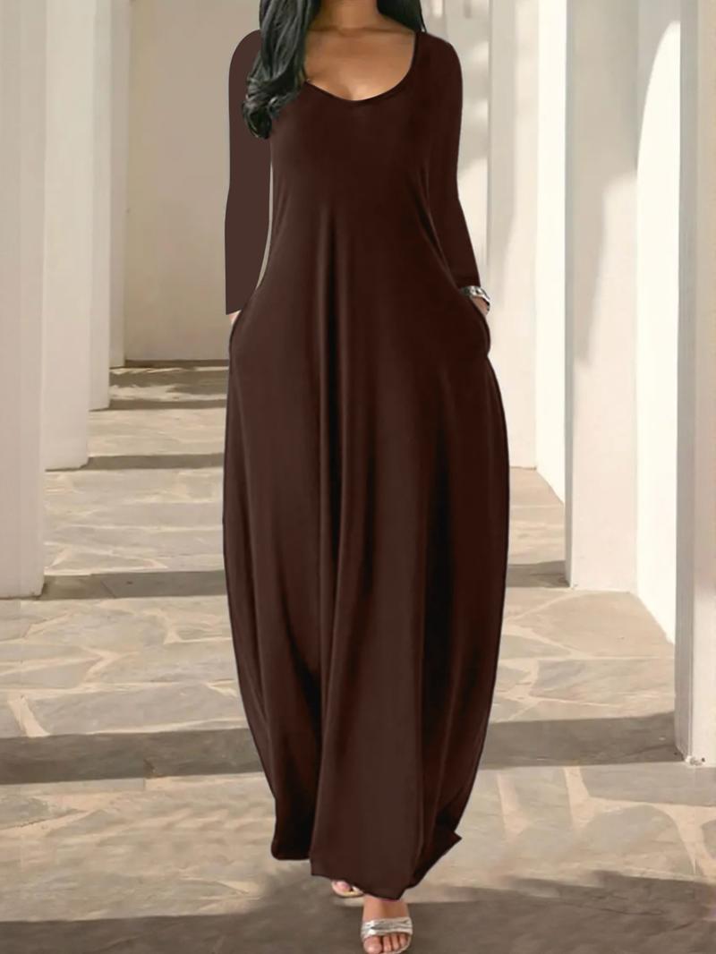 Women's Long Coffee Leopard Print Home Dress, Round Neck Long Sleeve Pocket Sleepwear, Soft Fabric All Seasons Casual Style