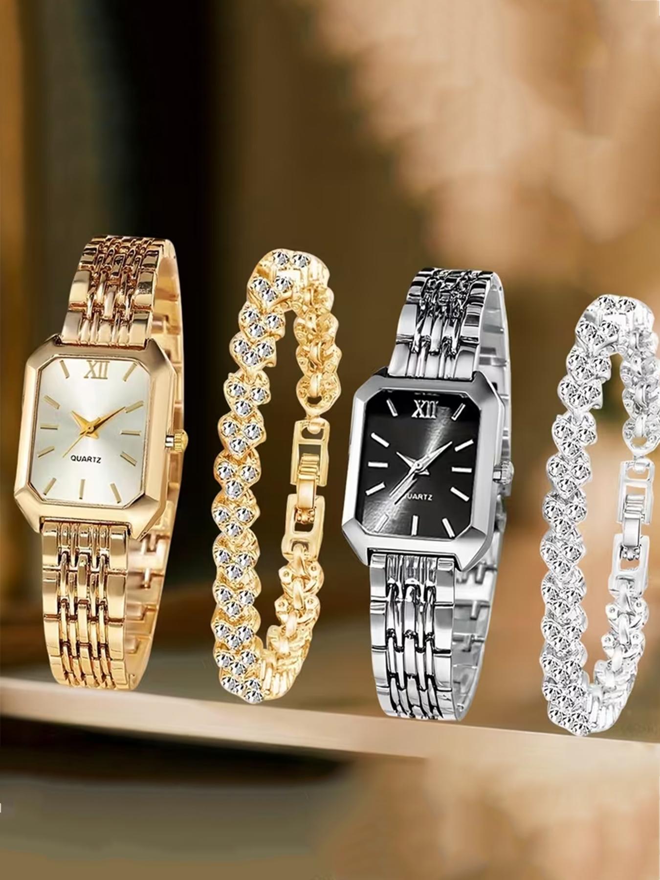 A set of 4 fashionable ladies' watches, trendy luxurious heart-shaped chains, regal quartz watches, retro rectangular dials, comfortable gold watch straps, perfect for Easter or daily wear.