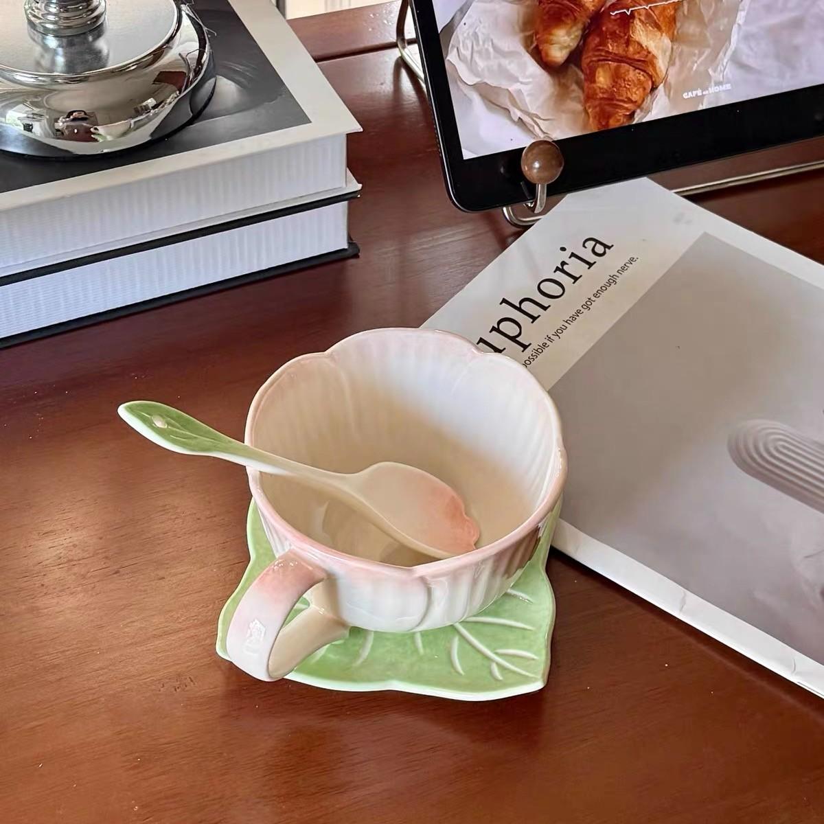 Gift for Her 💗 Floral Embossed Ceramic Cup with Saucer  Vintage Coffee Mug therapeutic cup for Cappuccino   Latte Art Coffee Cup Pink and Blue Flower Cup 🌸  Aesthetic