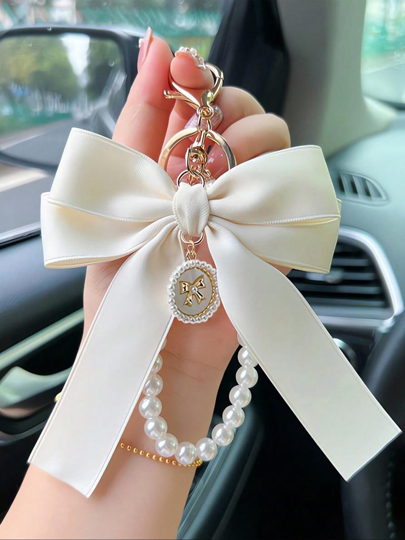 Cute Bowknot Design Bag Keychain, Faux Pearl Decorated Bracelet Keychain, Bag Pendant Keychain, Fashionable Bag Charm for Women & Girls, Bag Accessories for Purse, Backpack, Car