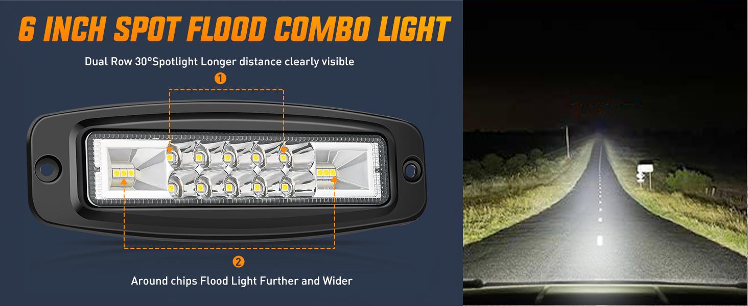 Nilight Flush Mount LED Pods 2PCS 6 Inch 60W LED Work Light Flood Spot Beam Combo Backup Driving Lights Fog Lamp Reverse Light Grill Mount Light for Offroad 4x4 Truck SUV