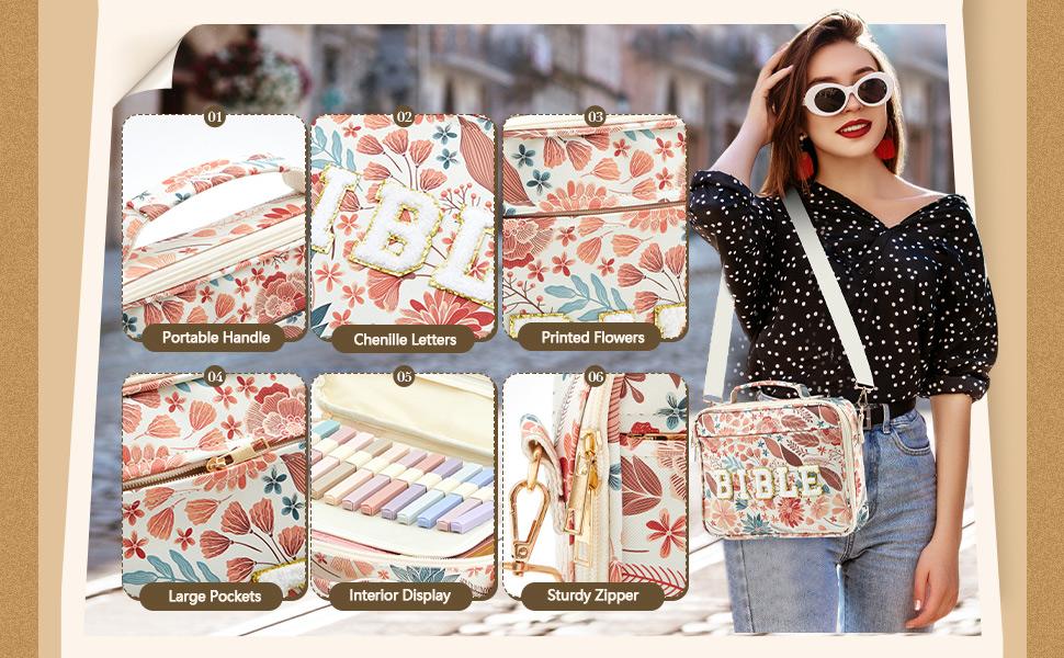 Bible Bag for Women, Floral Bible Bag 12x9x2.5in Large Chenille Letter Bible Cover PU Leather Bible Case with Tabs Colored Pen Highlighters Tote Bag with Shoulder Strap, Bible Journaling Kit Easter Gift for Church Women Girls,Sunday Prayer Supplies