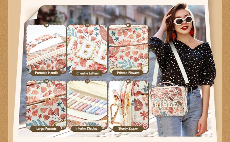 Valentine Gift Bible Bag for Women, Floral Bible Bag 12x9x2.5In Large Chenille Letter Bible Cover PU Leather Bible Case with Tabs Colored Pen Highlighters Tote Bag with Shoulder Strap, Bible Journaling kit for Church Christian Girls,Sunday Prayer Supplies