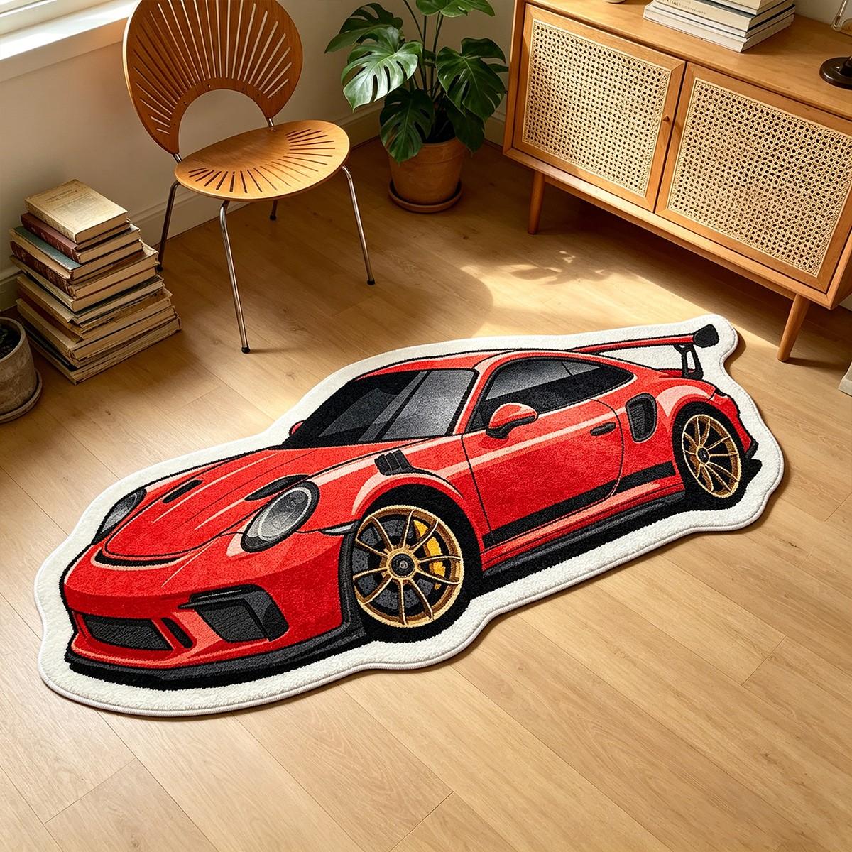 Cool Retro Car Rug, Fashionable Sports Car Mat, Bedroom Bedside Gaming Room Carpet, Soft Comfortable Plush Foot Pad, Living Room Decor, Indoor Rug