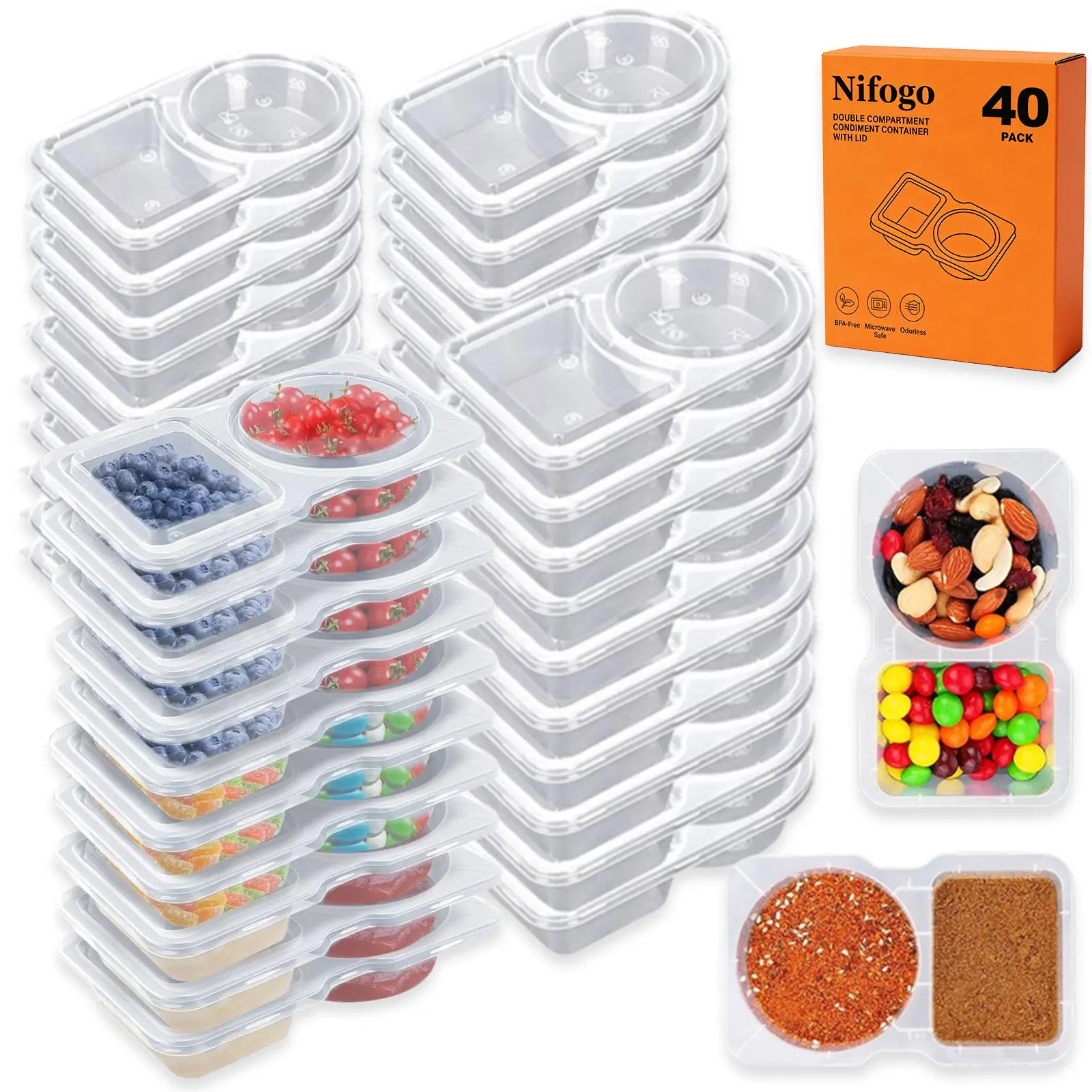 40-Pack Value Plastic Reusable 2-Compartment Snack Containers with Lids & Mini Sauce Boxes, Kitchen Food Storage Utensils for Kids Adults, Ideal for Going Out & Home Use