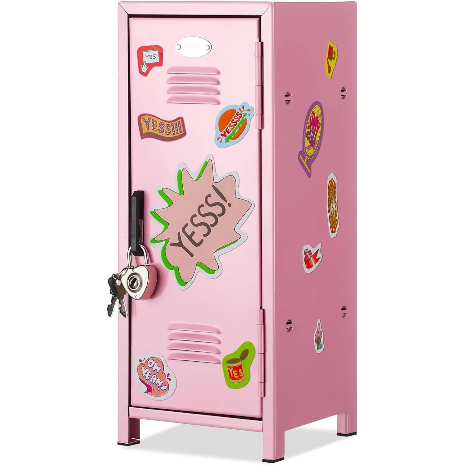 Mini Locker with Lock Keys Stickers 10.8inch Small Storage Locker Desk Locker Metal Small Locker Miniature Storage Locker Functional Safe Metal Locker for Desktop Bedroom Home Office(Pink)