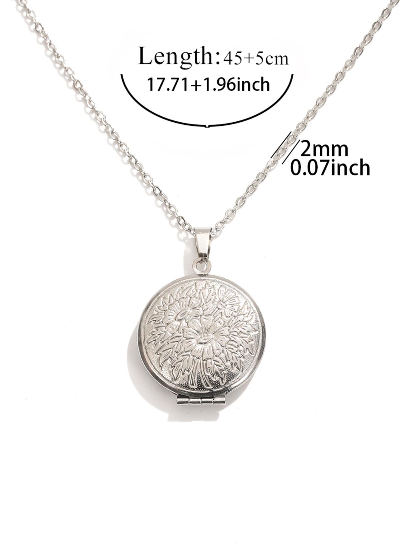 1Pc 304 Stainless Steel Engraved Flower Locket Necklace, Vintage Round Photo Locket Pendant Necklace, Personalized Memory Keepsake Necklace for Women, Hypoallergenic Tarnish Resistant