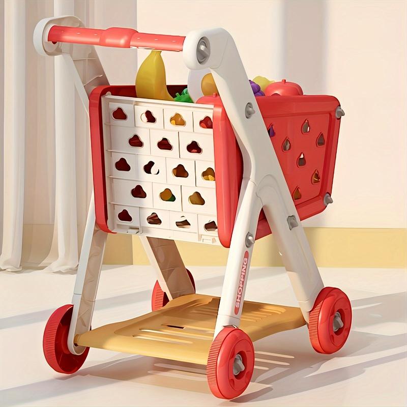26pcs Kids Shopping Cart Trolley Play Set with Pretend Food and Accessories, Perfect Birthday Gifts for Ages 3+ Pretend Play and Role-Playing Games