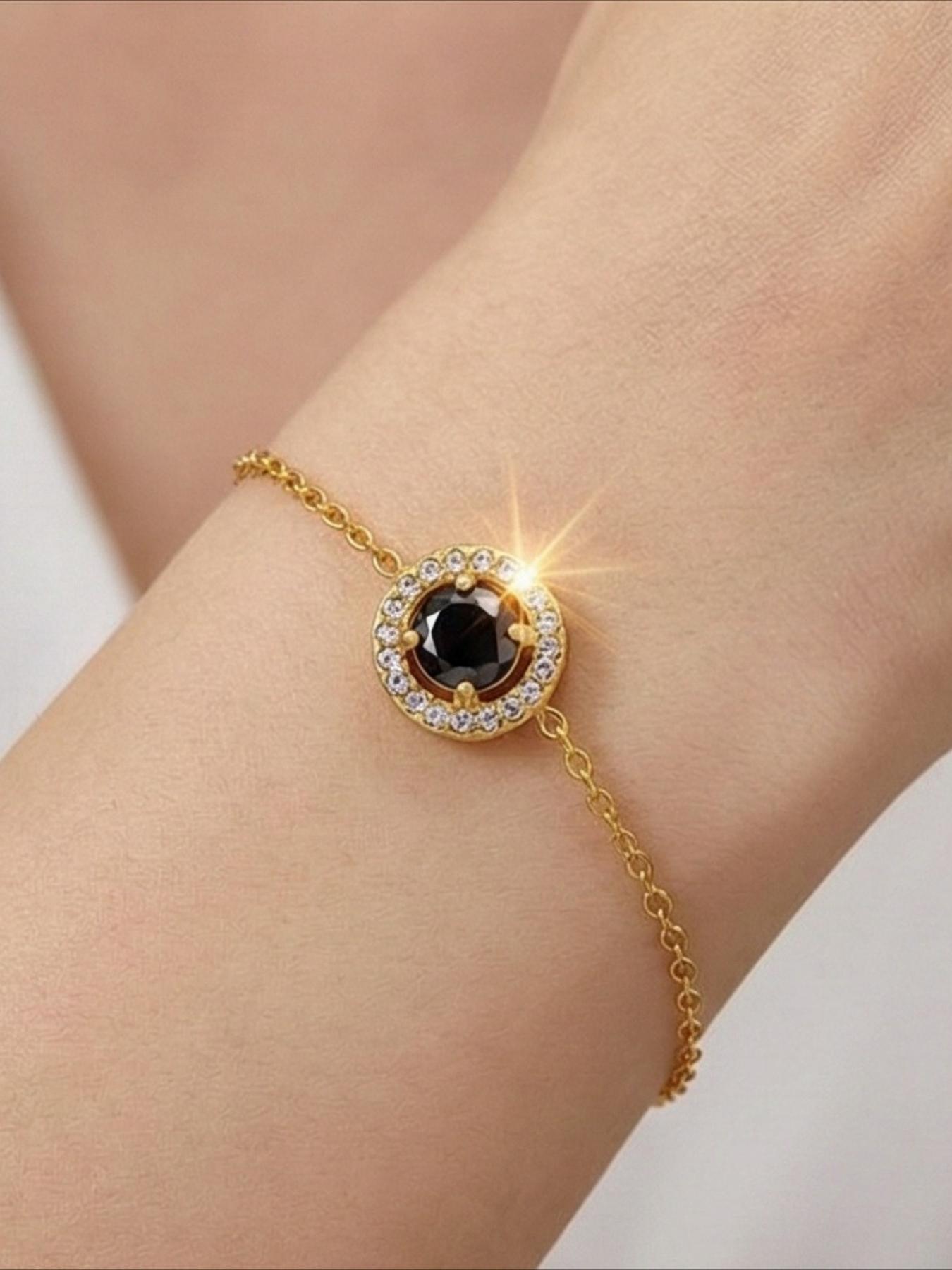 1pc 0.5Carat Classic Round Cut Black Synthetic Moissanite Golden Bracelet with Fashionable Design, Suitable for Daily Commutes and Holiday Gifts. Also Suitable As A Valentine's Day Gift, Comes with A Box.