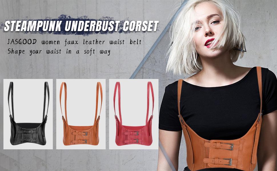 JASGOOD Women Faux Leather Corset Waist Belt Elastic Wide Underbust Corset Lace-up Steampunk Waspie Belt For Halloween