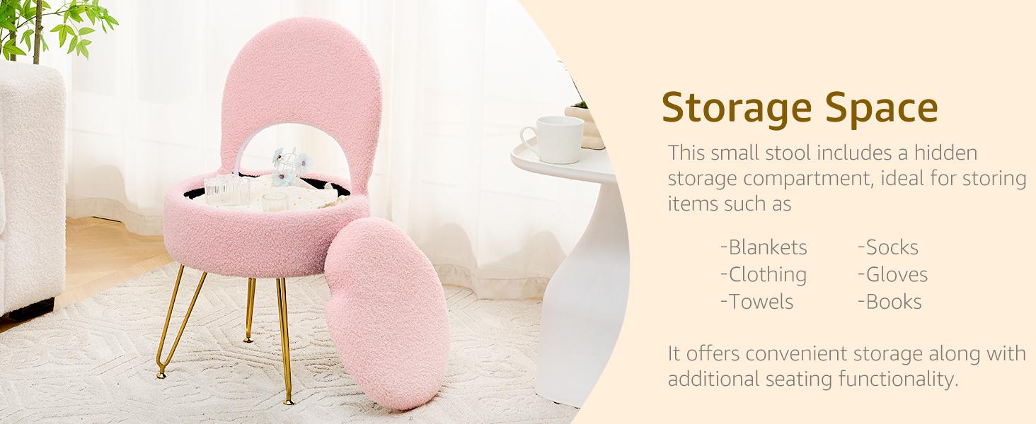 Storage Ottoman Vanity Stool Chair with Folding Back Teddy Velvet Makeup Chair Multifunctional Upholstered Footstool,4 Metal Legs with Anti-Slip Feet for Bedroom Living Room Entryway