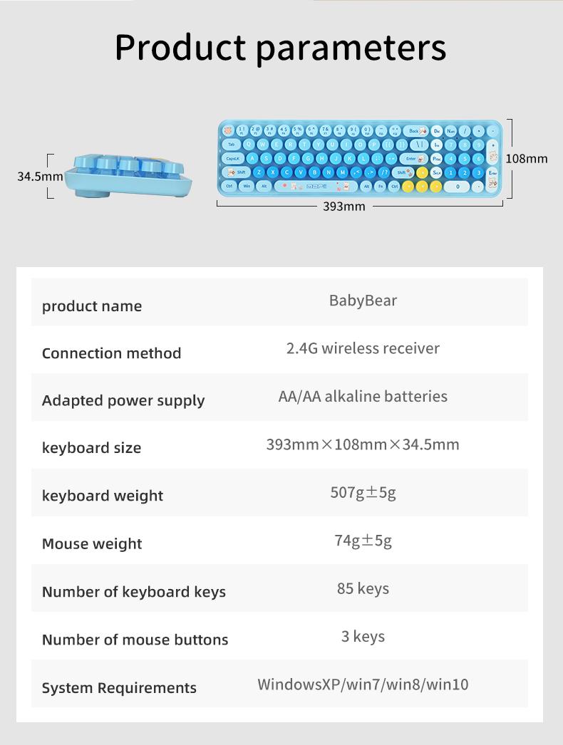 MOFii 1 Set Blue Bear Wireless Keyboard and Mouse Combo, Aesthetic Desk Essential for Students, 2.4G Plug and Play, Compatible with Laptop & Desktop, US Qwerty (Battery Not Included)