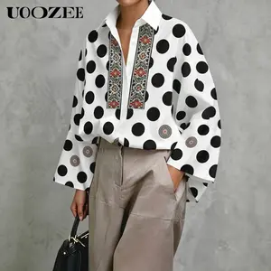 UOOZEE Women's Aesthetic Silky Oversized Polka Dot Blouse - Long Sleeve V-Neck Button-Up Loose Vintage Ethnic Print Polyester Top for Party, Smart Casual, Suit-Wearing Occasions (Spring, Summer, Autumn)