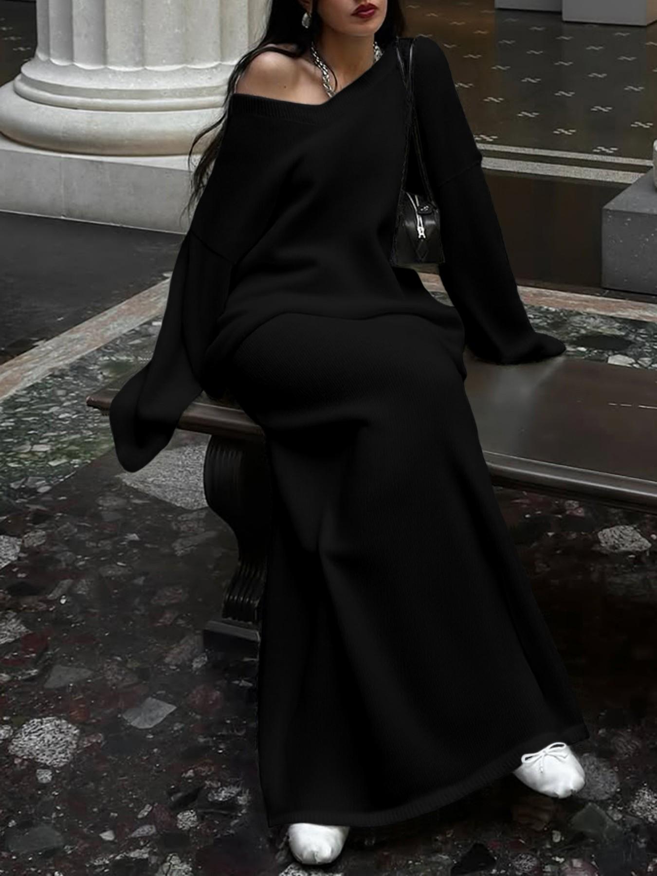 Autumn Winter Casual Loose-Fit Long Sleeve Sweater & Long Skirt Set, Two-Piece Knitwear, Comfortable & Stylish Women's Clothing, Outfit Sets Women