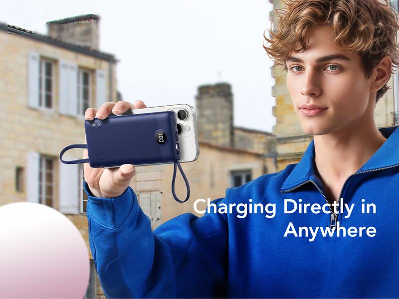 VRURC 10000mAh Power Bank with 4 Built-in Cables USB-C USB-A Type-C LED Display Fast Charging Protection Multi-Device Battery Pack for iPhone Samsung Android Tablet iPad Earbuds Smartphone Black Green Compact Portable