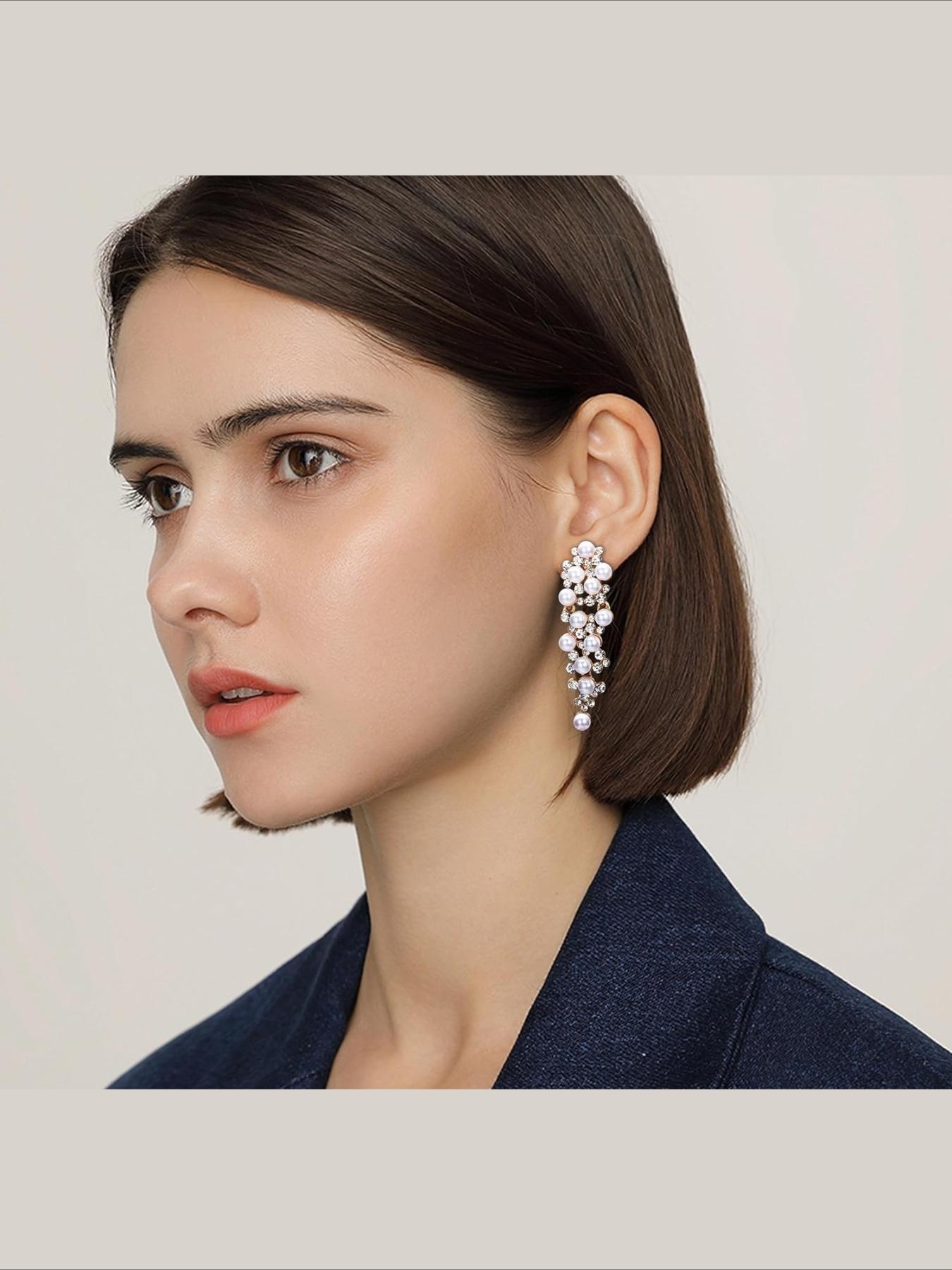 Vintage Pearl Drop Earrings for Women, Elegant Bridal Wedding Earrings with Cubic Zirconia, Luxury Dangle Earrings for Prom Party, Fashion Jewelry Gift for Bridesmaid