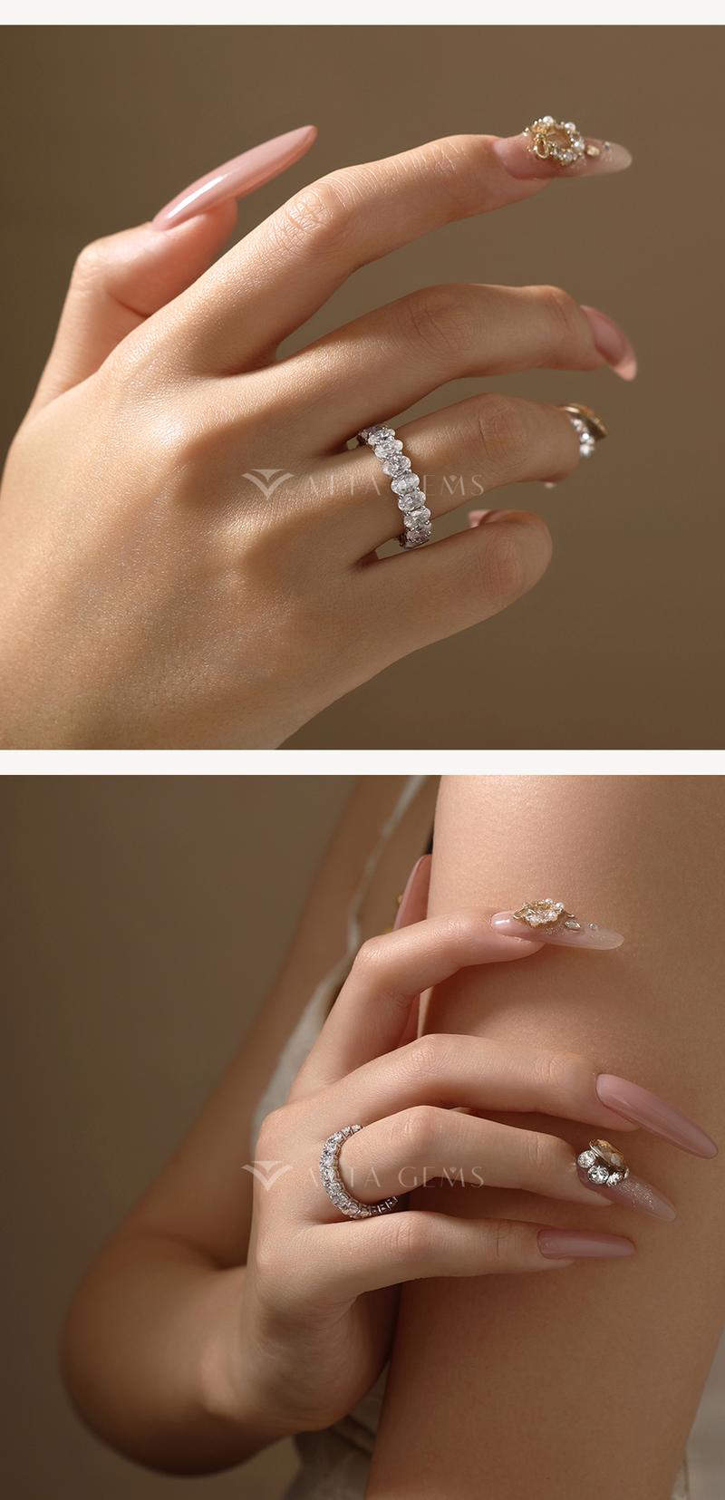 ATTAGEMS Oval Cut 1.8CT Half Eternity Band D VVS1 Synthetic Moissanite Ring for Women Matching 925 Sterling Silver Wedding Band Jewelry Gift R225