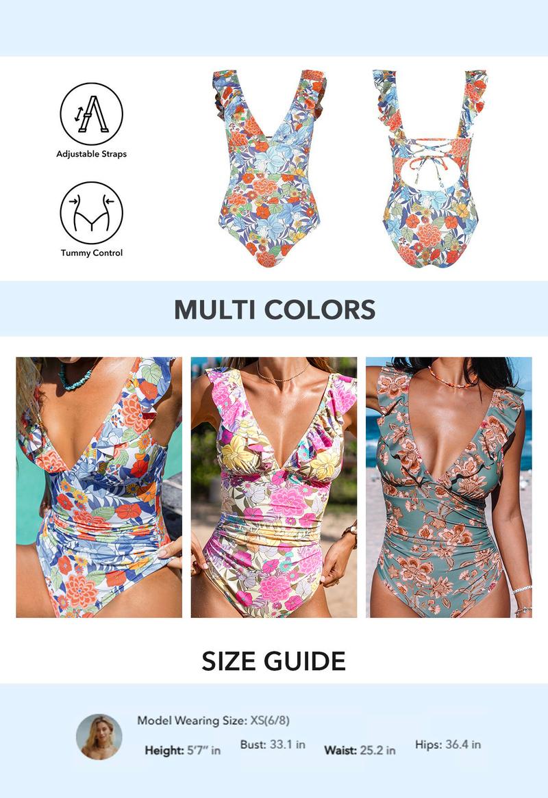 CUPSHE 【Valentine's Day】 Floral Plunging Flutter Strap Tummy Control One-Piece Swimwear Removable Soft Cups Back Cutout Summer Swimsuit (XS-XXL) Swimming Bathing Suits