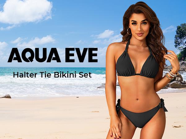 Aqua Eve Women Halter Bikini Set - Two Piece Triangle Swimsuit Tie Bathing Suit Cute Swimwear