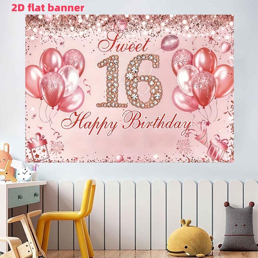Diamond Sweet 16th Birthday Backdrop Banner, Balloon Sign, Polyester Material, Party Decor, Indoor Outdoor, Gift Idea