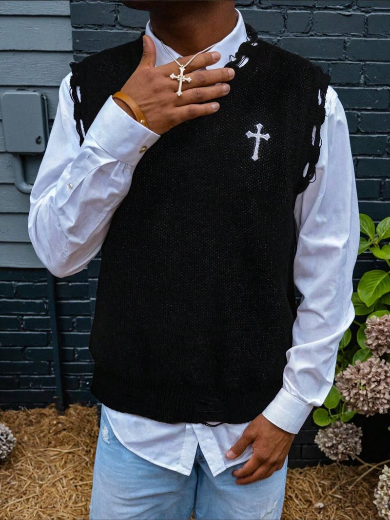 Men's Fashion Casual Loose Fit Double Face Jacquard V-Neck Sweater Vest, Spring Autumn Winter, Sleeveless, Versatile and Simple Design