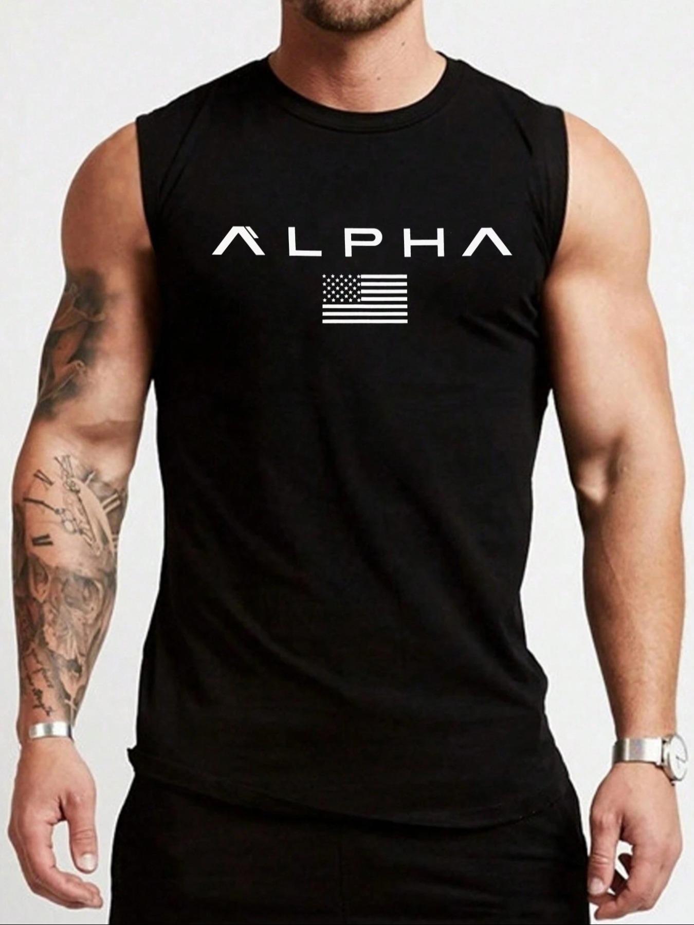 5pcs Men's Plus Size ALPHA USA Flag Graphic Sleeveless Tank Top, Casual Loose Fit Crew Neck Vest, Trendy Streetwear Tops for Summer, Daily Commute & Lounge