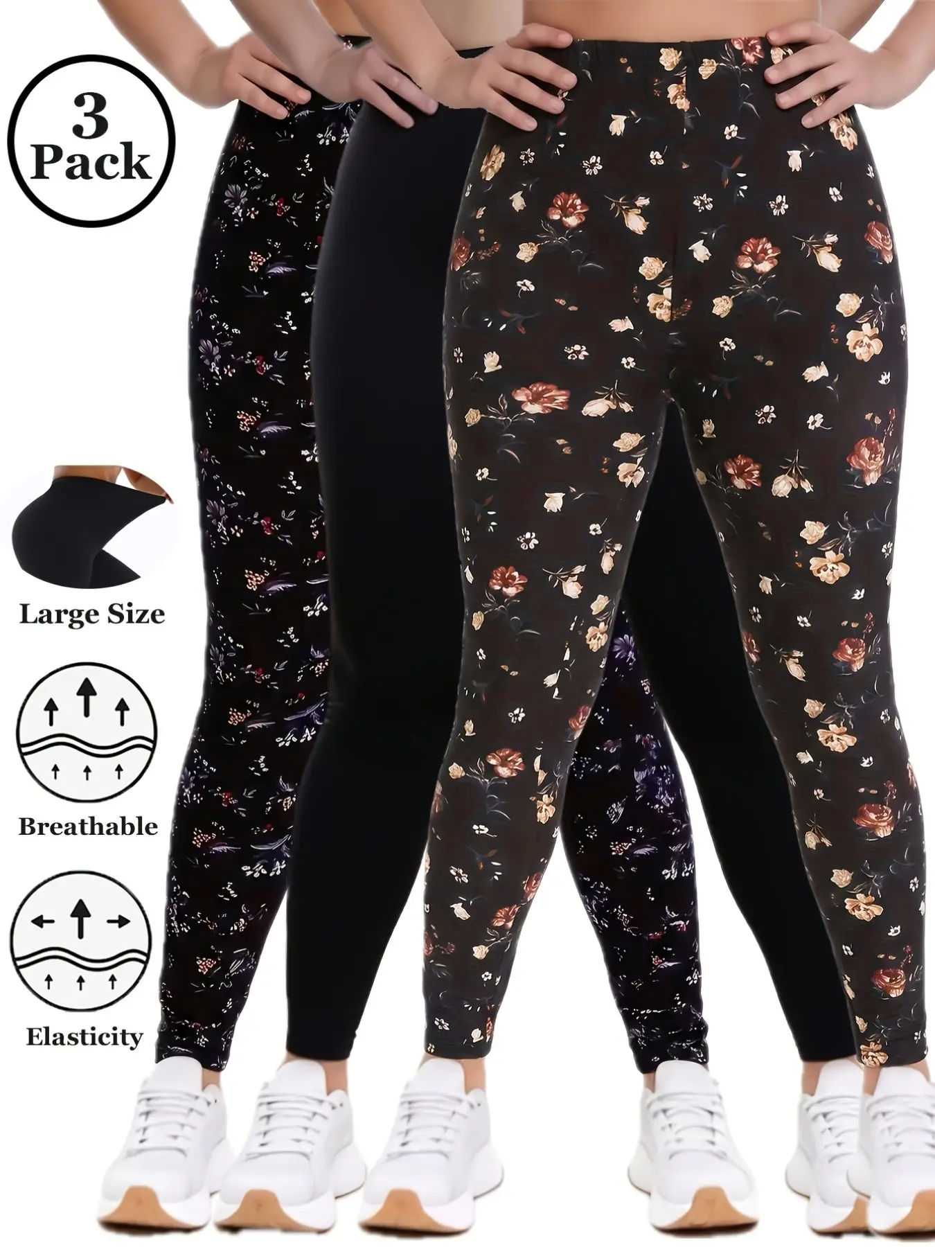 3 Pack Women's Large Size Retro Floral Printing Elastane Athletic Leggings, High Stretch Knitted Fabric Breathable Soft Elastic Nine Point Pants Suitable Home Leisure Outdoor Jogging