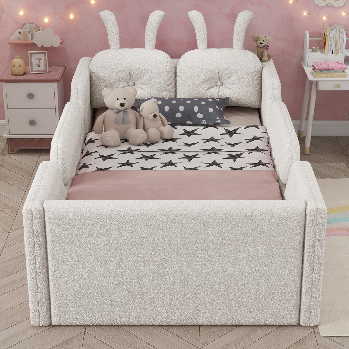 Twin Size Upholstered Floor Bed with 21-Inch Guardrails, Detachable Side Rails & Rabbit-Shaped Cushions, Teddy Fabric Foam Padding, No Box Spring Needed, Fits 8-Inch Mattress