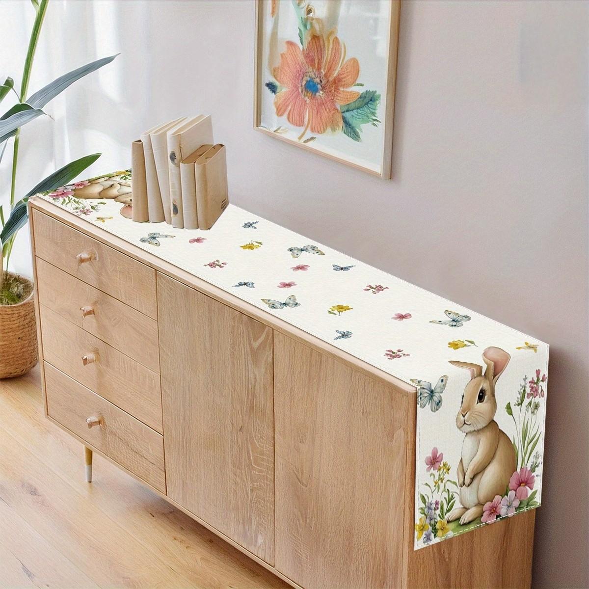 1Pcs Easter Table Runner, Cute Rabbit Pattern, Festive Dining Settings, Spring New Home Decor, Durable Polyester Material, Suitable for Dining Room Kitchen TV Cabinet