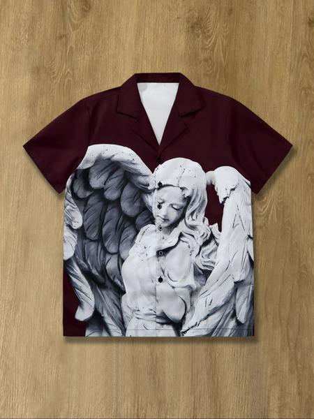 Men's Angel Print Short Sleeve Shirt, Regular Fit Casual Baroque Printed Collared Button Shirt for Summer, Fashion Men's Top for Daily Wear, Tropical